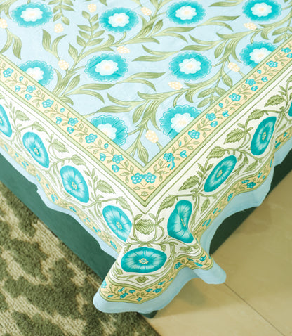 Turquoise Floral Print Cotton Double Bedsheet – 90 × 108 Inches | The Thread Saga