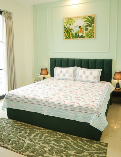 Blue & Pink Floral Hand Block Print Double Bedsheet – 90 × 108 Inches | The Thread Saga