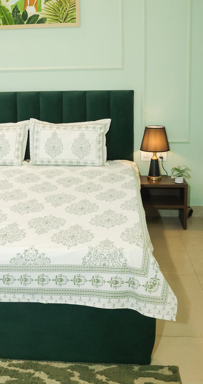 Sage Green Floral Screen Print Double Bedsheet – 90 × 108 Inches | The Thread Saga