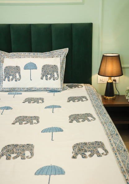 Blue Elephant & Umbrella Hand Block Print Double Bedsheet – 90 × 108 Inches | The Thread Saga