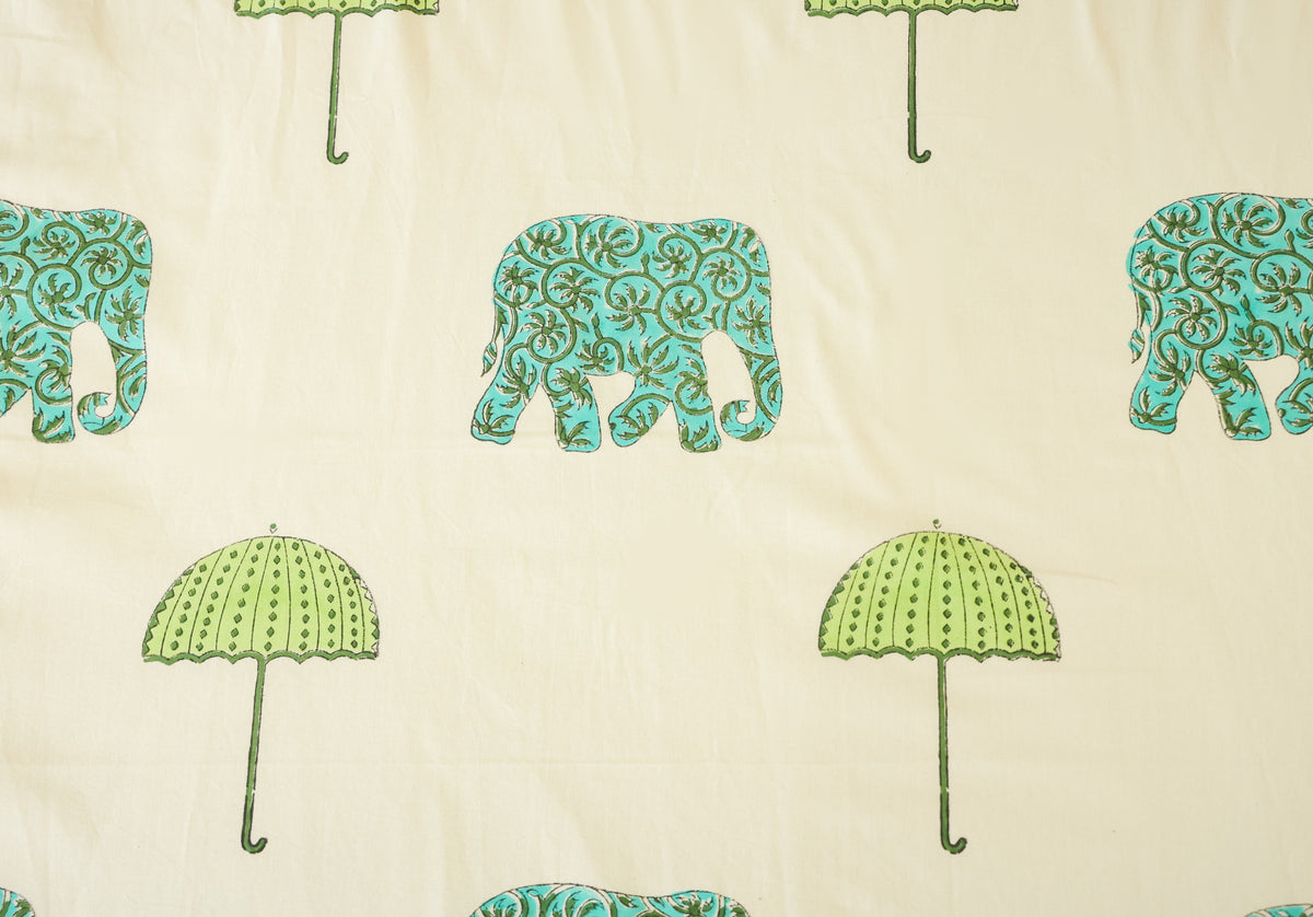 Green Elephant & Tree Hand Block Print Double Bedsheet – 90 × 108 Inches | The Thread Saga