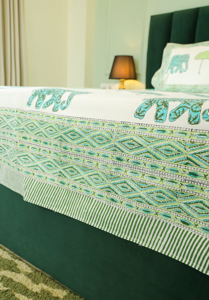 Green Elephant & Tree Hand Block Print Double Bedsheet – 90 × 108 Inches | The Thread Saga