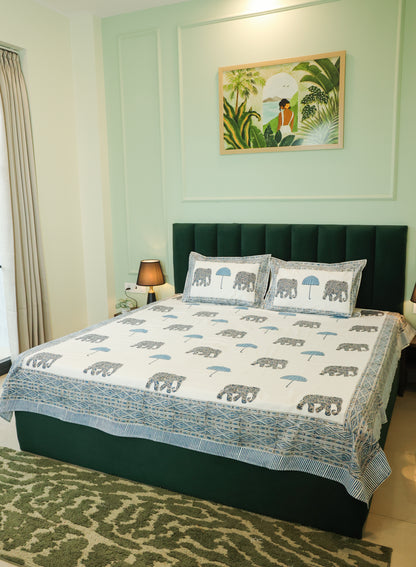 Blue Elephant & Umbrella Hand Block Print Double Bedsheet – 90 × 108 Inches | The Thread Saga