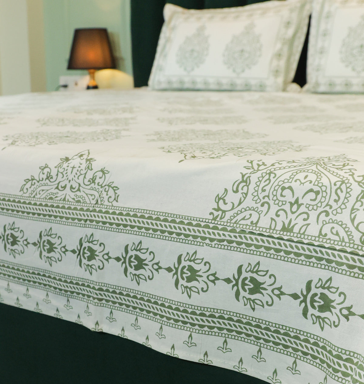 Sage Green Floral Screen Print Double Bedsheet – 90 × 108 Inches | The Thread Saga