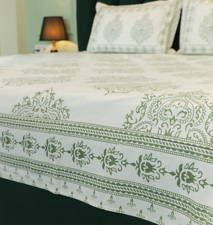 Sage Green Floral Screen Print Double Bedsheet – 90 × 108 Inches | The Thread Saga