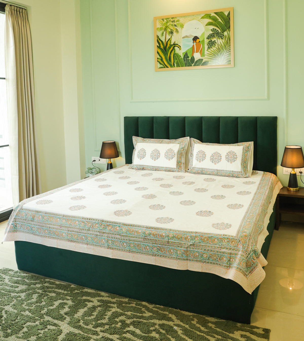 Mint Green & Peach Floral Hand Block Print Double Bedsheet – 90 × 108 Inches | The Thread Saga