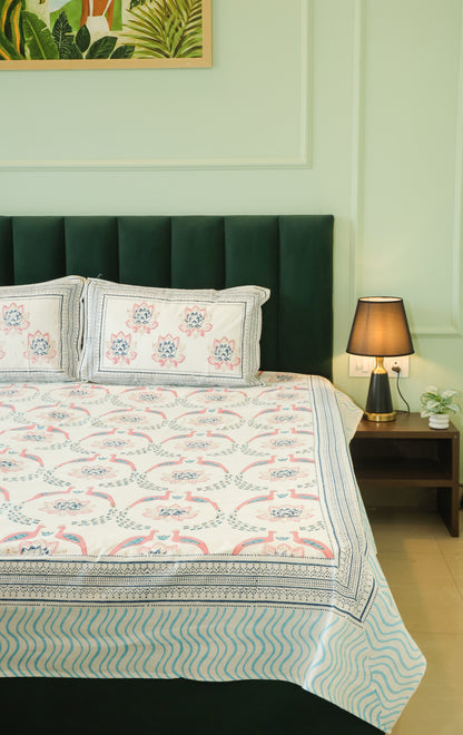 Blue & Pink Floral Hand Block Print Double Bedsheet – 90 × 108 Inches | The Thread Saga