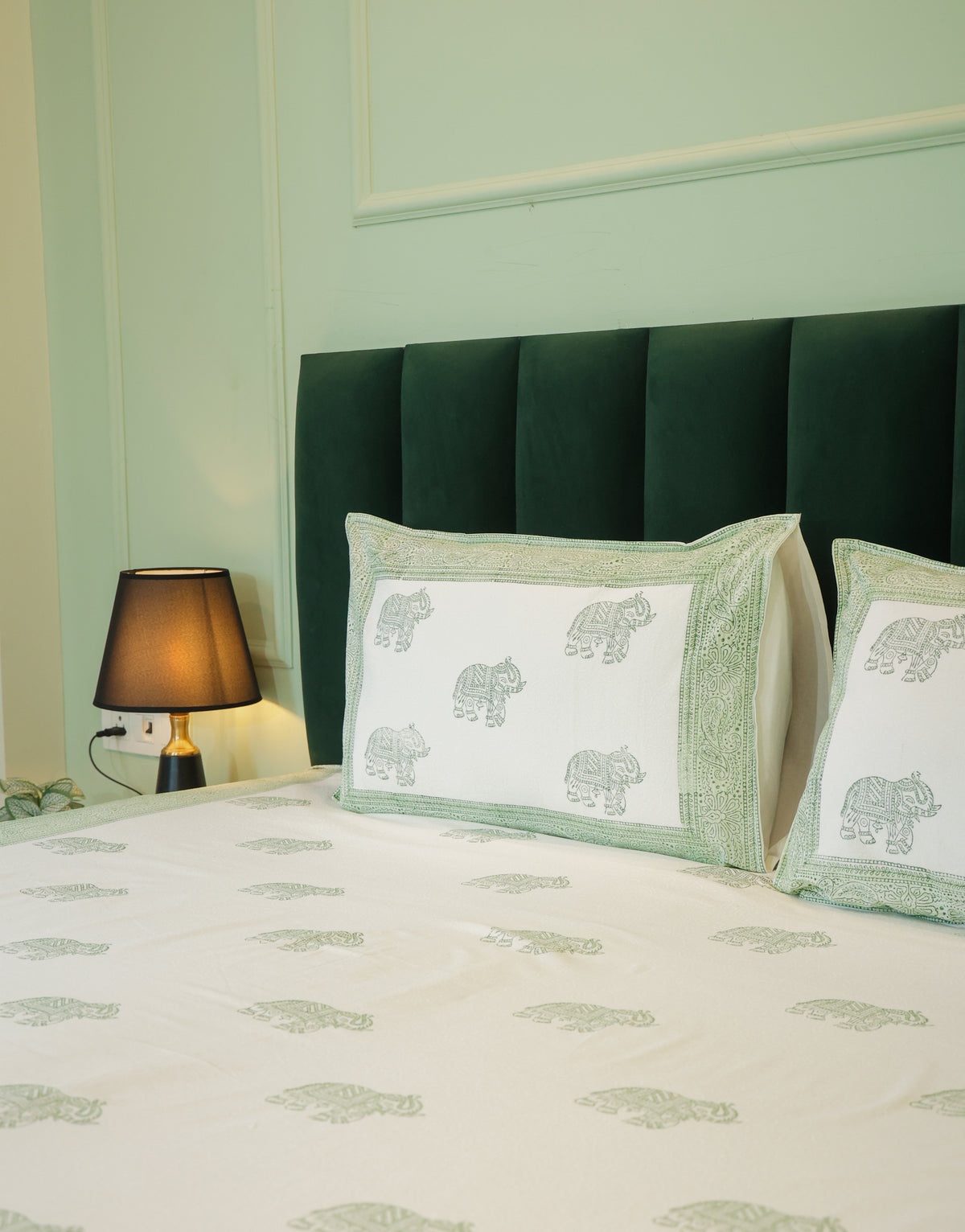 Sage Green Elephant Print Double Bedsheet – 90 × 108 Inches | The Thread Saga