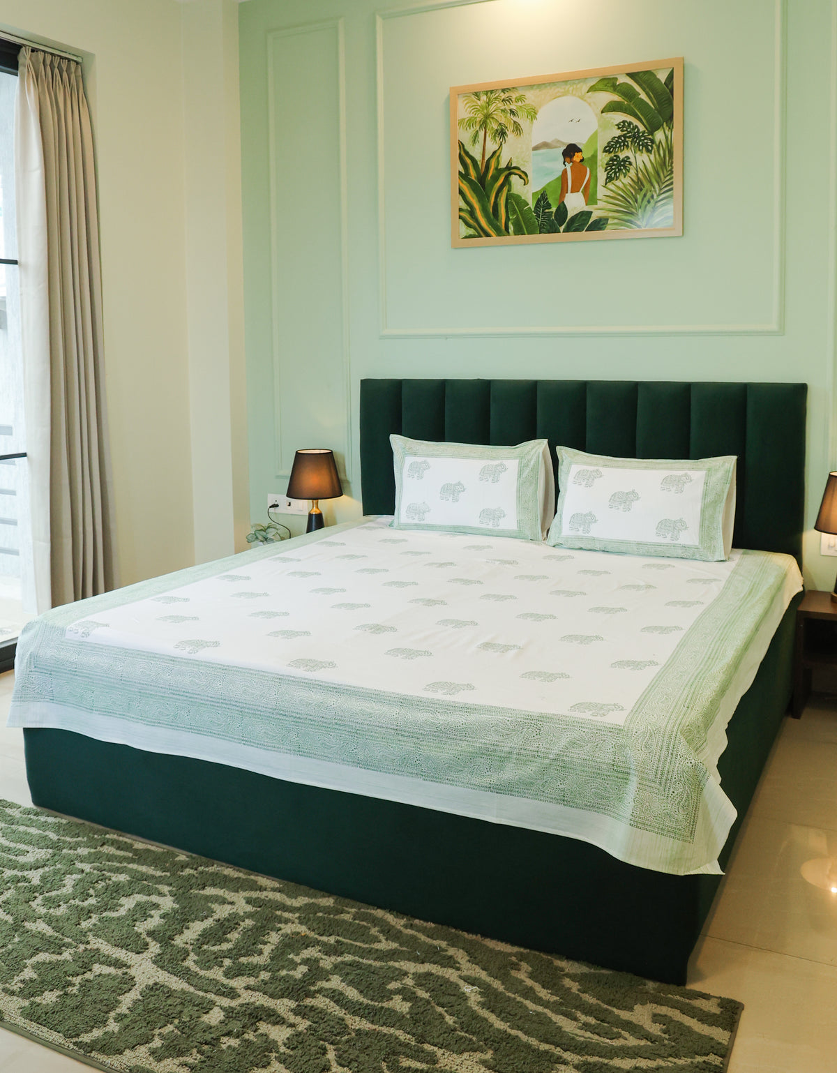 Sage Green Elephant Print Double Bedsheet – 90 × 108 Inches | The Thread Saga