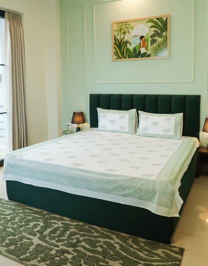 Sage Green Elephant Print Double Bedsheet – 90 × 108 Inches | The Thread Saga