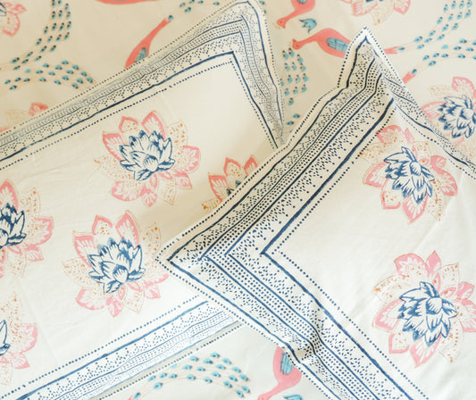 Blue & Pink Floral Hand Block Print Double Bedsheet – 90 × 108 Inches | The Thread Saga