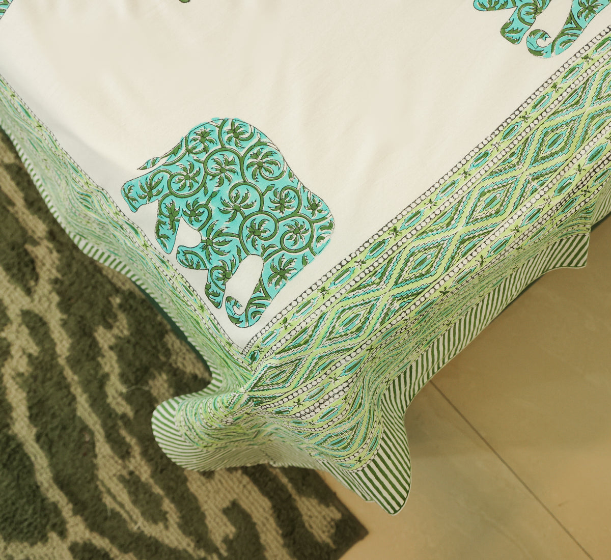 Green Elephant & Tree Hand Block Print Double Bedsheet – 90 × 108 Inches | The Thread Saga