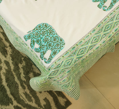 Green Elephant & Tree Hand Block Print Double Bedsheet – 90 × 108 Inches | The Thread Saga