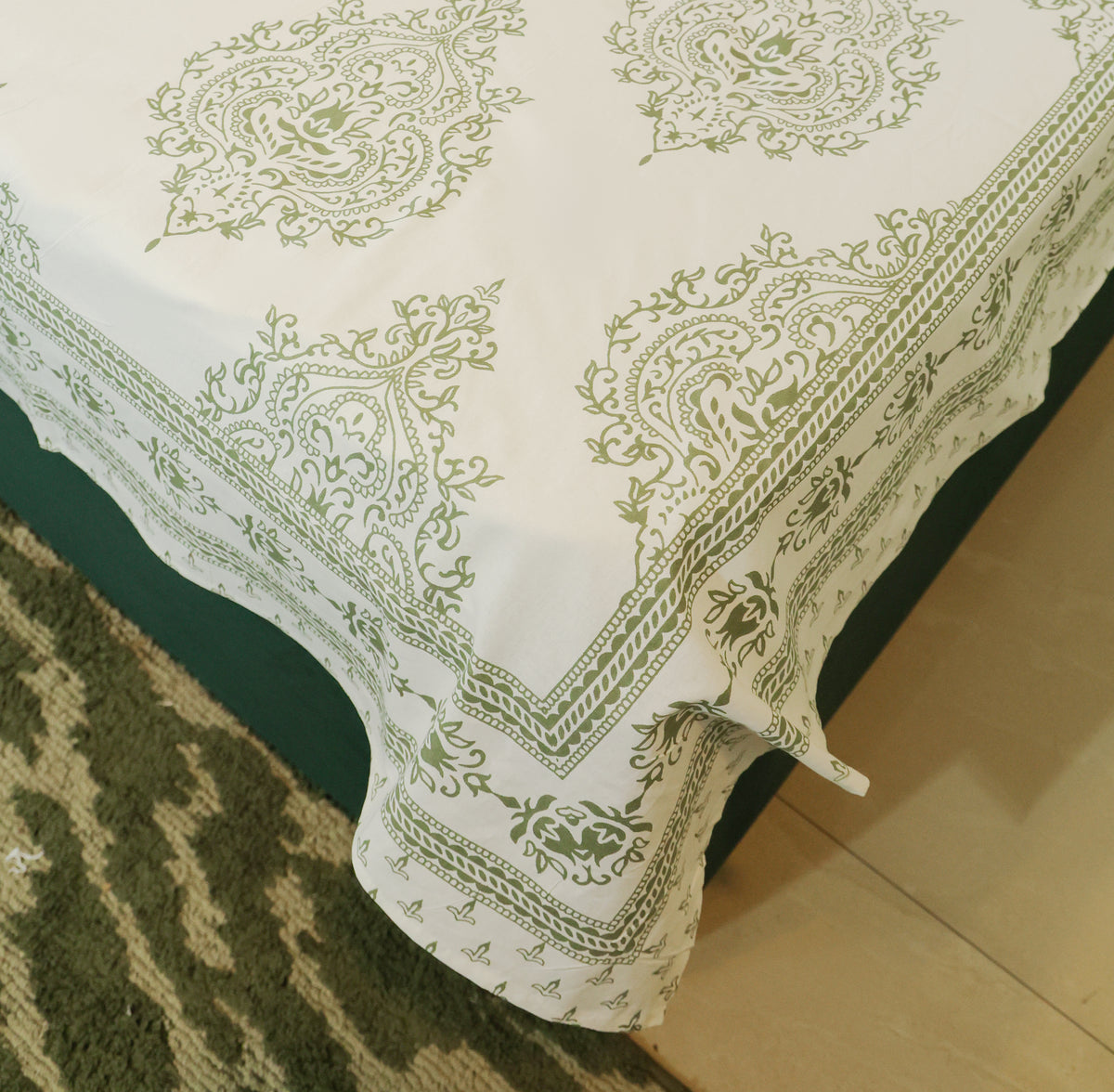 Sage Green Floral Screen Print Double Bedsheet – 90 × 108 Inches | The Thread Saga