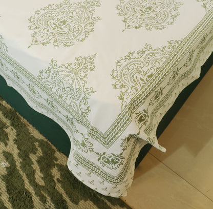 Sage Green Floral Screen Print Double Bedsheet – 90 × 108 Inches | The Thread Saga
