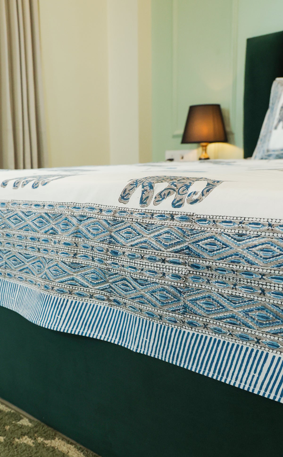 Blue Elephant & Umbrella Hand Block Print Double Bedsheet – 90 × 108 Inches | The Thread Saga