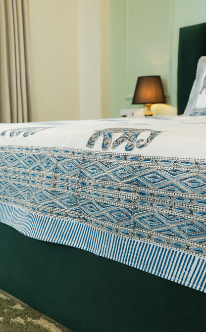 Blue Elephant & Umbrella Hand Block Print Double Bedsheet – 90 × 108 Inches | The Thread Saga