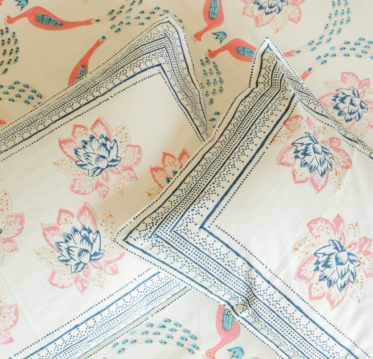 Blue & Pink Floral Hand Block Print Double Bedsheet – 90 × 108 Inches | The Thread Saga