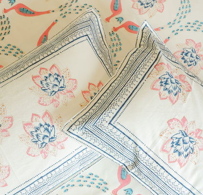 Blue & Pink Floral Hand Block Print Double Bedsheet – 90 × 108 Inches | The Thread Saga