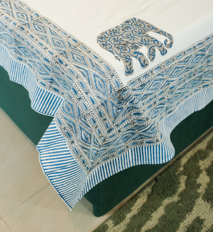 Blue Elephant & Umbrella Hand Block Print Double Bedsheet – 90 × 108 Inches | The Thread Saga