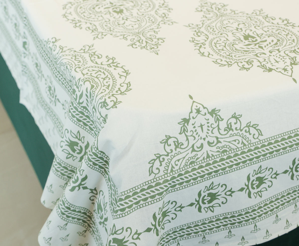 Sage Green Floral Screen Print Double Bedsheet – 90 × 108 Inches | The Thread Saga