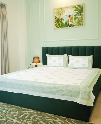 Sage Green Elephant Print Double Bedsheet – 90 × 108 Inches | The Thread Saga
