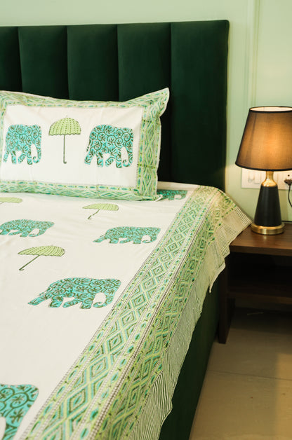 Green Elephant & Tree Hand Block Print Double Bedsheet – 90 × 108 Inches | The Thread Saga