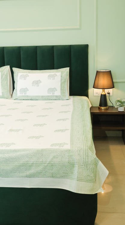Sage Green Elephant Print Double Bedsheet – 90 × 108 Inches | The Thread Saga