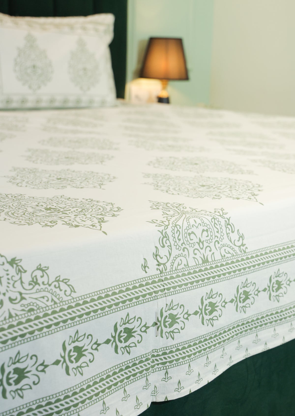 Sage Green Floral Screen Print Double Bedsheet – 90 × 108 Inches | The Thread Saga