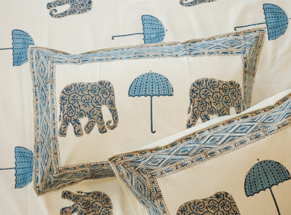 Blue Elephant & Umbrella Hand Block Print Double Bedsheet – 90 × 108 Inches | The Thread Saga