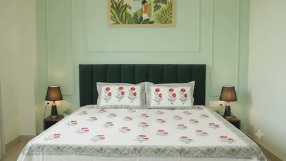 Red Floral Print Cotton Double Bedsheet – 90 × 108 Inches | The Thread Saga